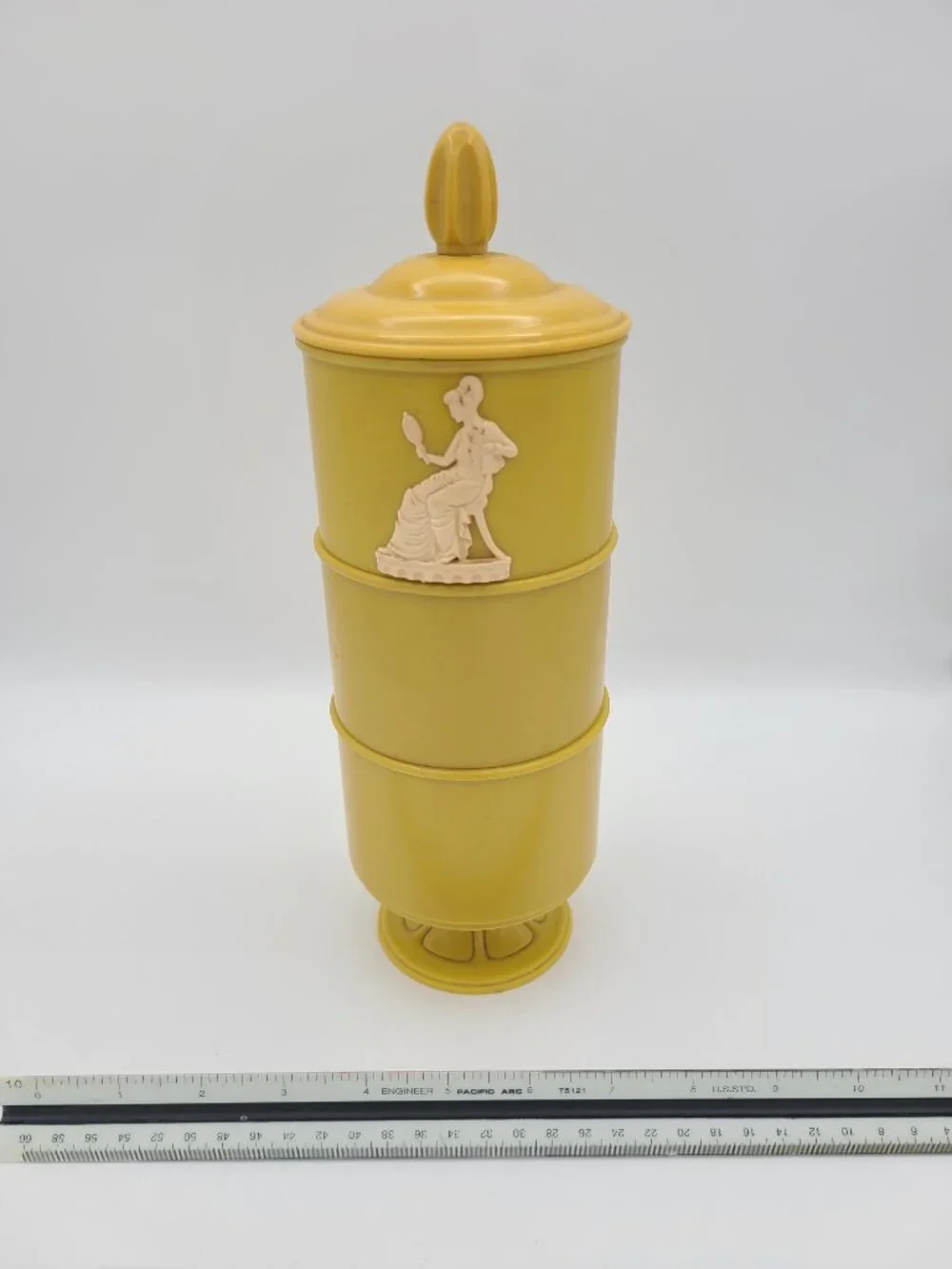 Vintage 3 Tier Yellow Powder Box Celluloid Wedgwood Jasperware Style Victorian